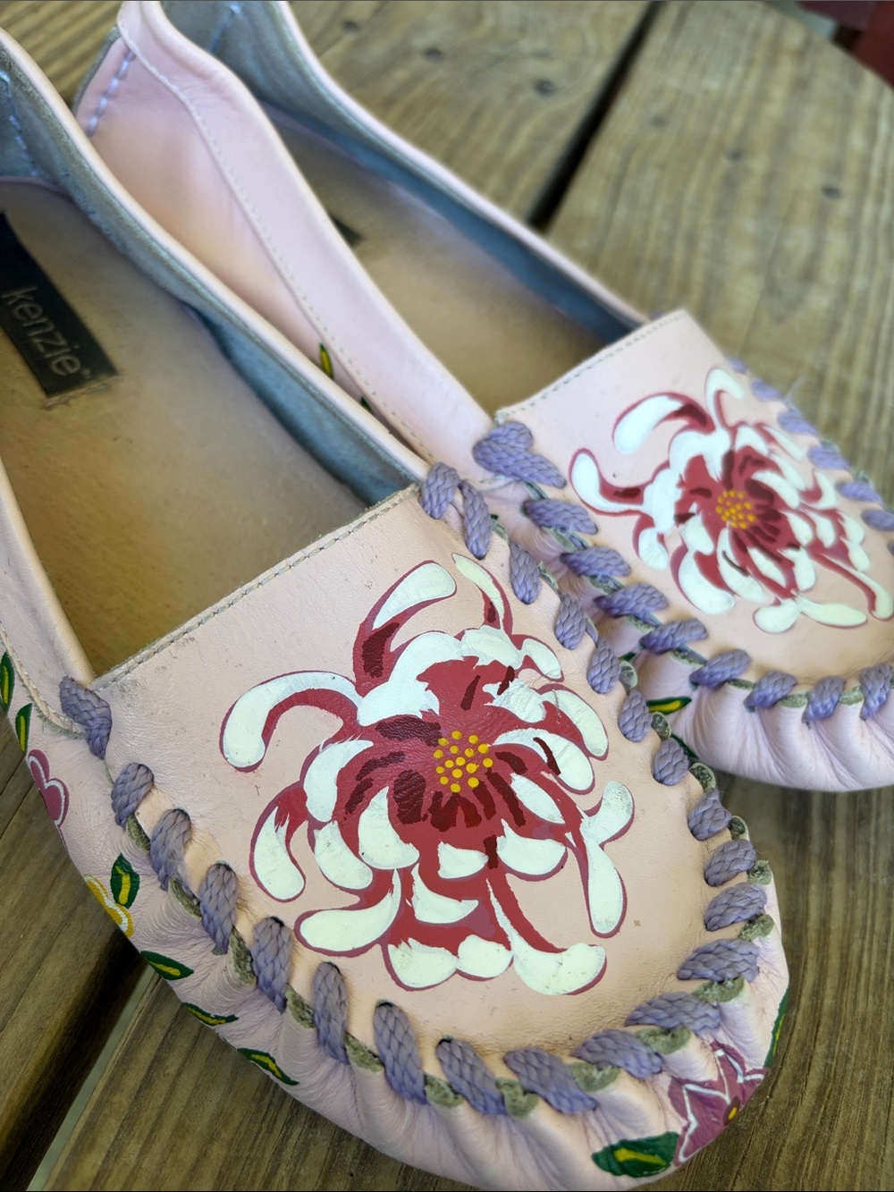 Boho Whimsical Light Pink Leather Floral Moccasin